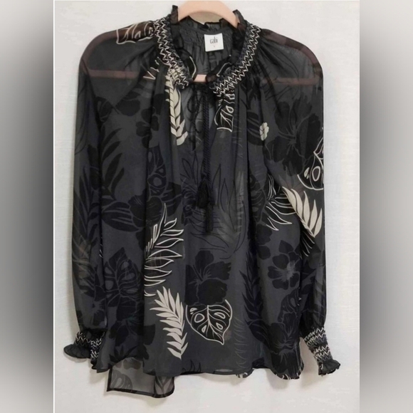 CAbi Aloha Blouse Style Semi Sheer Black Print Long Sleeve Smocking Size M - Picture 2 of 9
